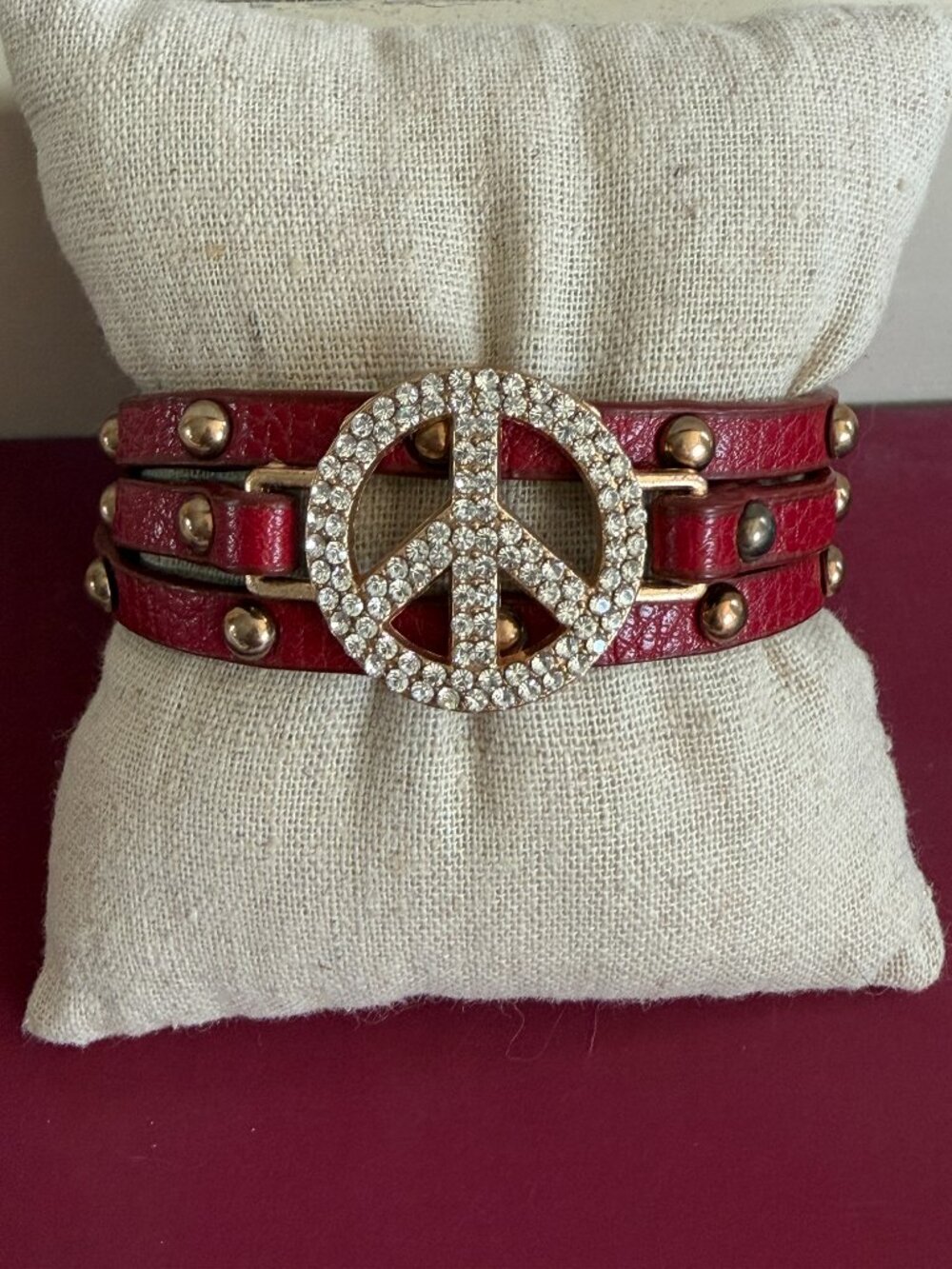 Red Leather Pave' Peace Sign Gold Studded Wrap Bracelet